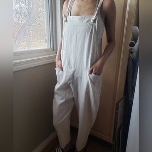 Women's Linen Cotton Blend Minimalist Stylish Cream Overalls Small